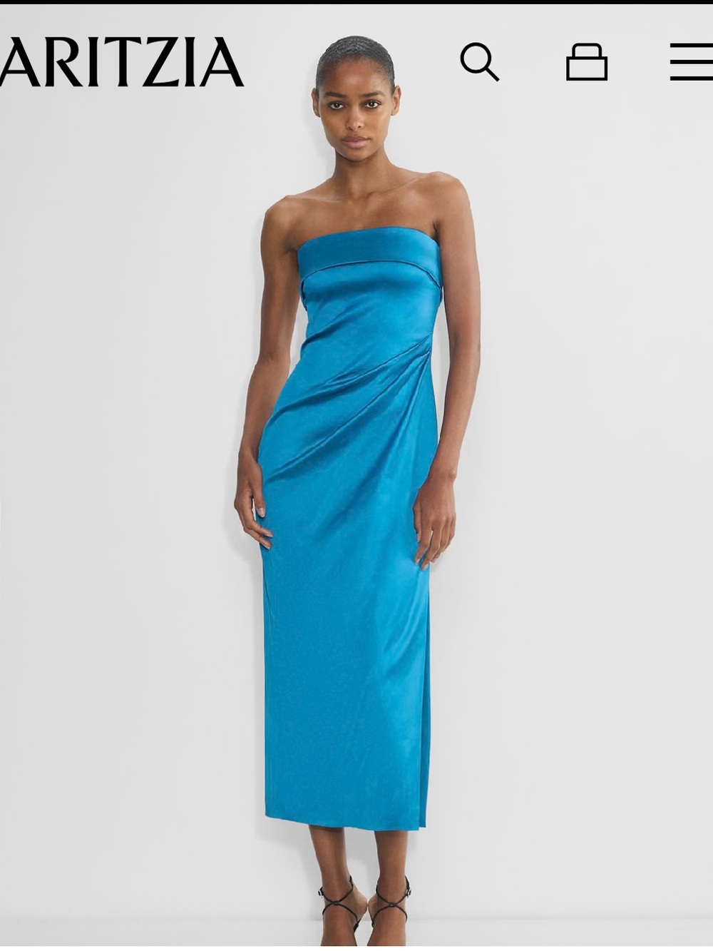 Aritzia Ten Strapless Satin Midi Dress in Teal Blue size 6